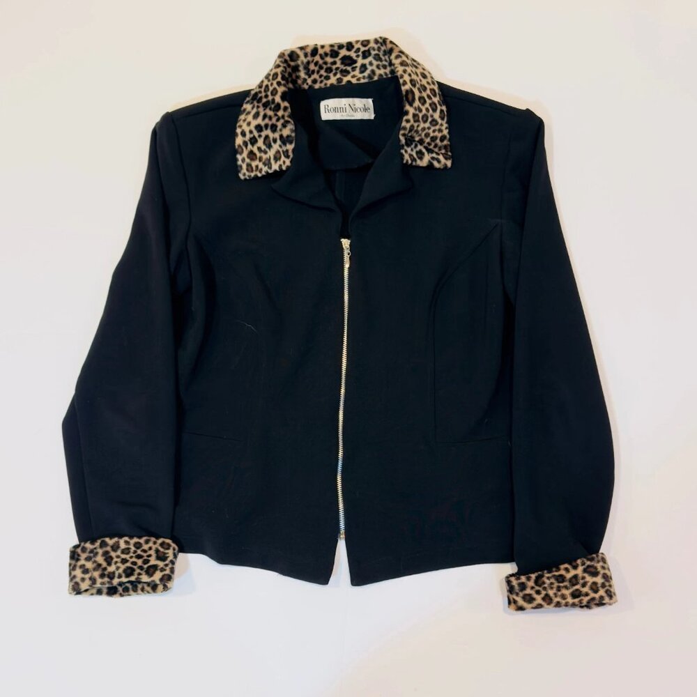 Ronni Nicole Women’s M Black Jacket Jaguar Print Accents Chic Stylish Coat